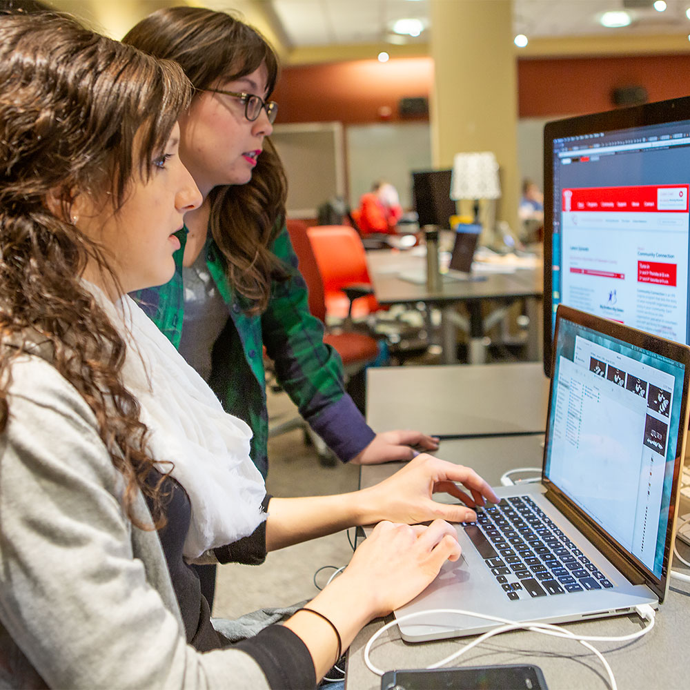 Two students sit next to each other as they write code for a website.