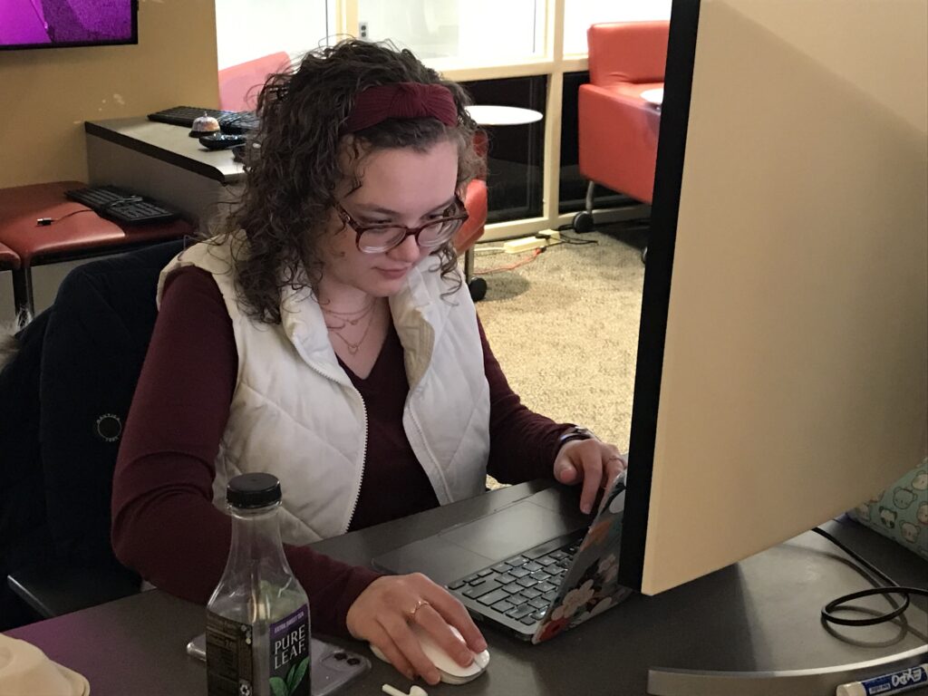 Student working with a laptop and mouse in front of a monitor.