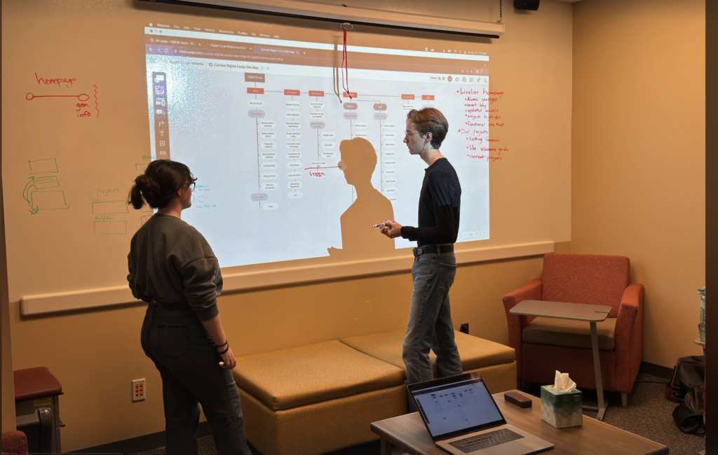 Two students in front of a whiteboard drawing out ideas and discussing them.